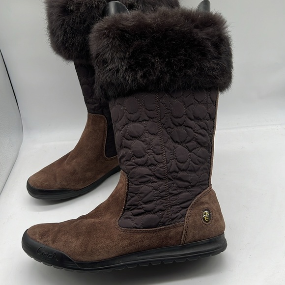 Coach Women's Talen Boot Size 8.5 Brown Suede Signature Quilted Nylon Rabbit Fur - Picture 4 of 12